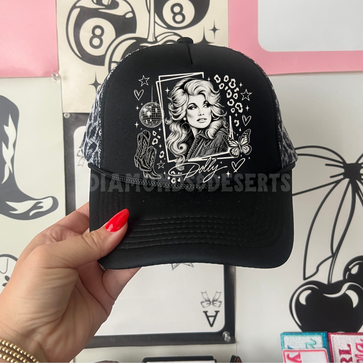White & Black Dolly Hat DTF Transfer
