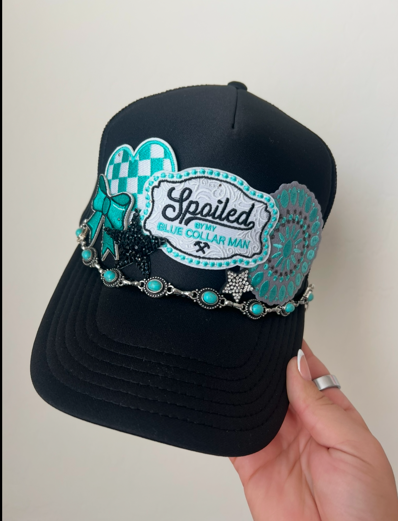 Spoiled By My Blue Collar Man Trucker Hat