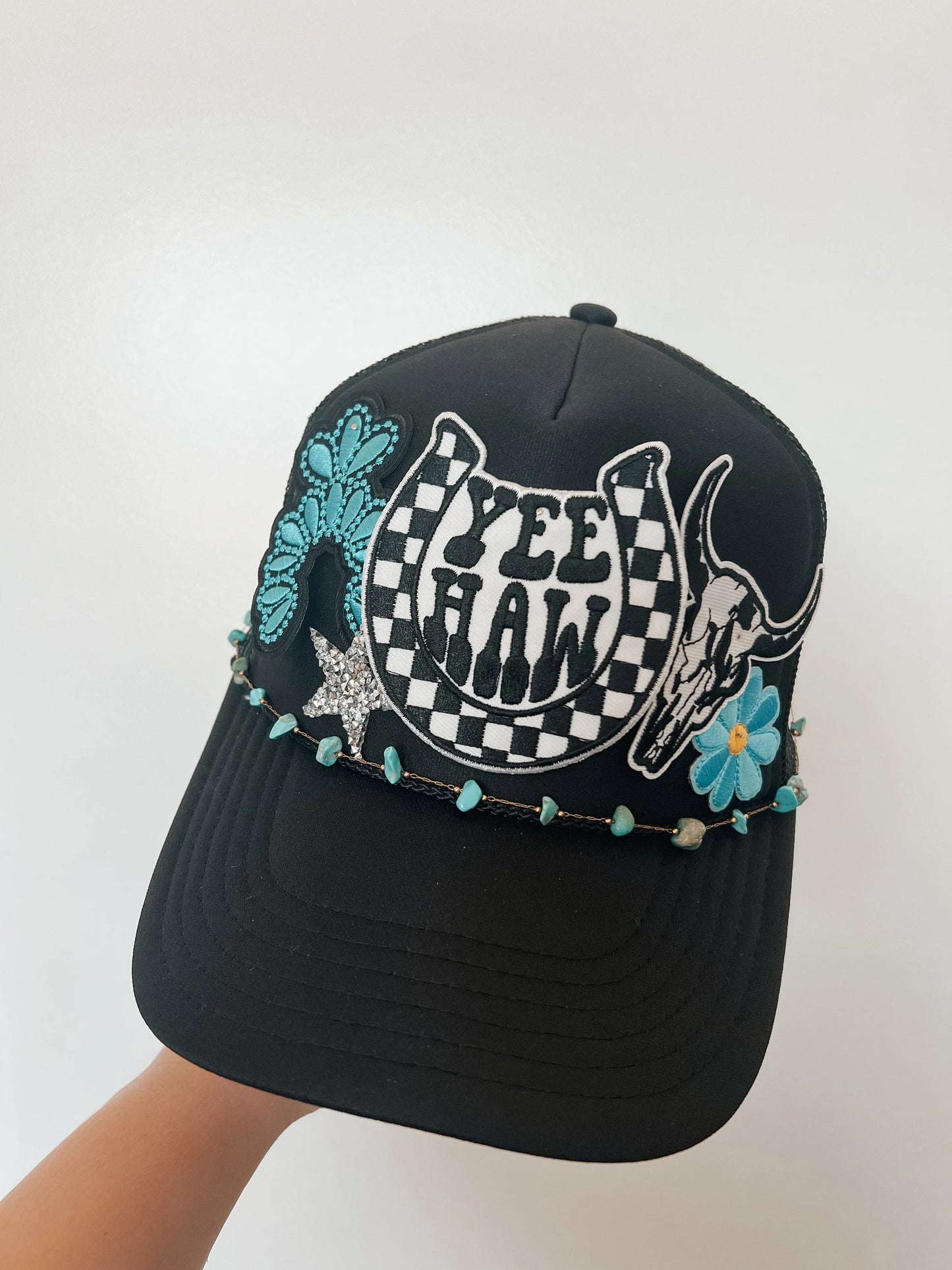 Cowgirl Yee Haw Trucker Patch Hat, Iron Patches, Trucker Hat, Cowgirl Trucker Hat, Woman’s Trucker Hat, Camo Trucker Hat With Patches