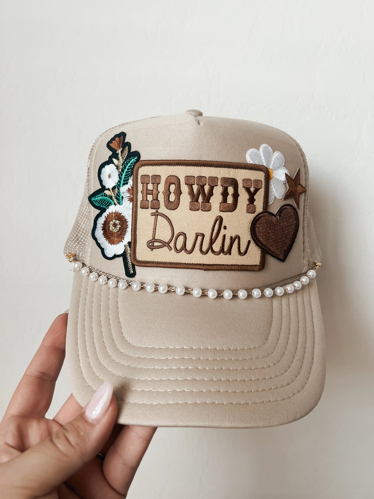 Howdy Darlin’ Trucker Patch Hat, Iron Patches, Trucker Hat, Cowgirl Trucker Hat, Woman’s Trucker Hat, Camo Trucker Hat With Patches