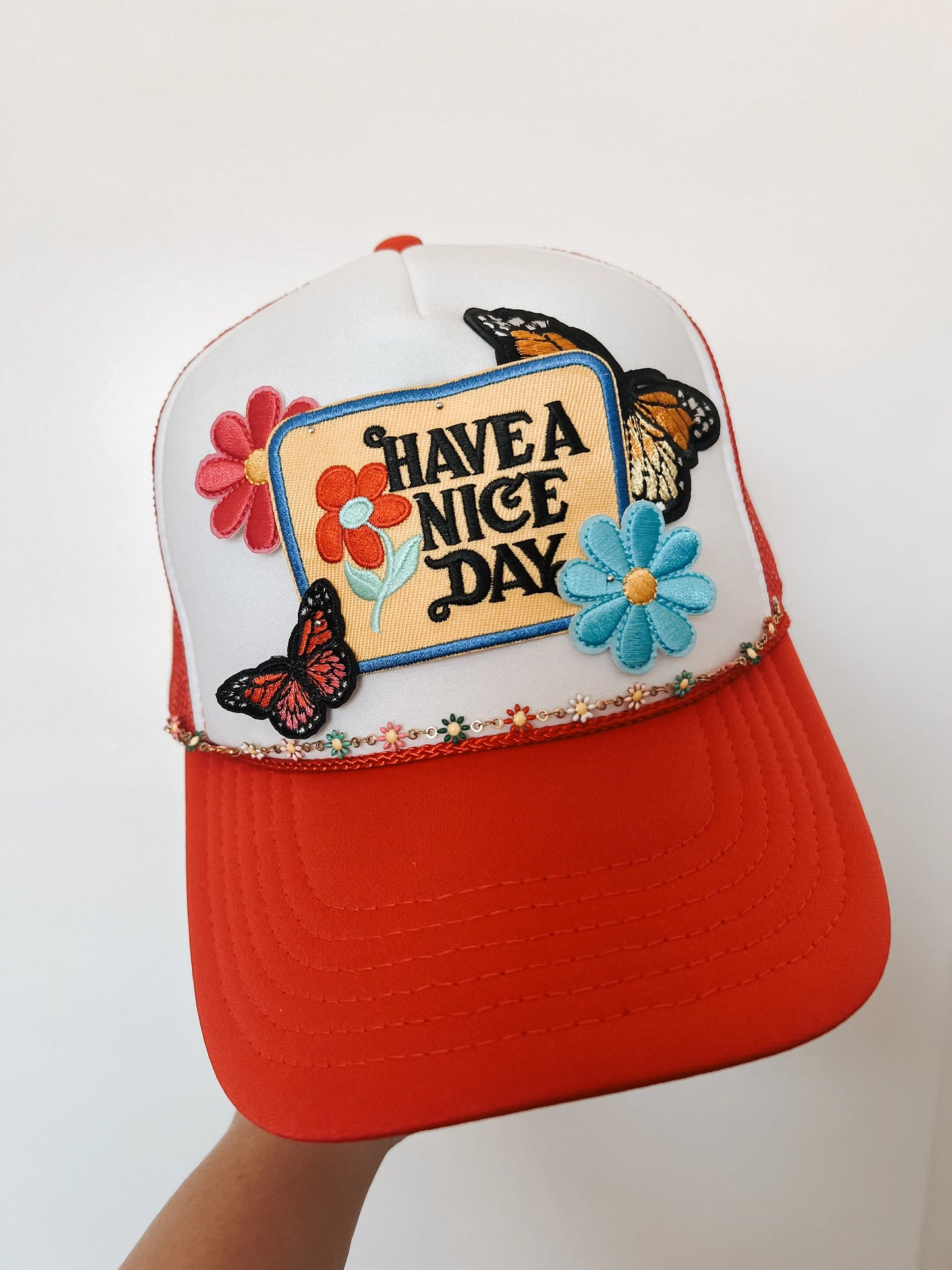 Have A Nice Day Hat, Colorful Trucker Patch Hat, Iron Patches, Trucker Hat, Cowgirl Trucker Hat, Woman’s Trucker Hat, Camo Trucker Hat With Patches