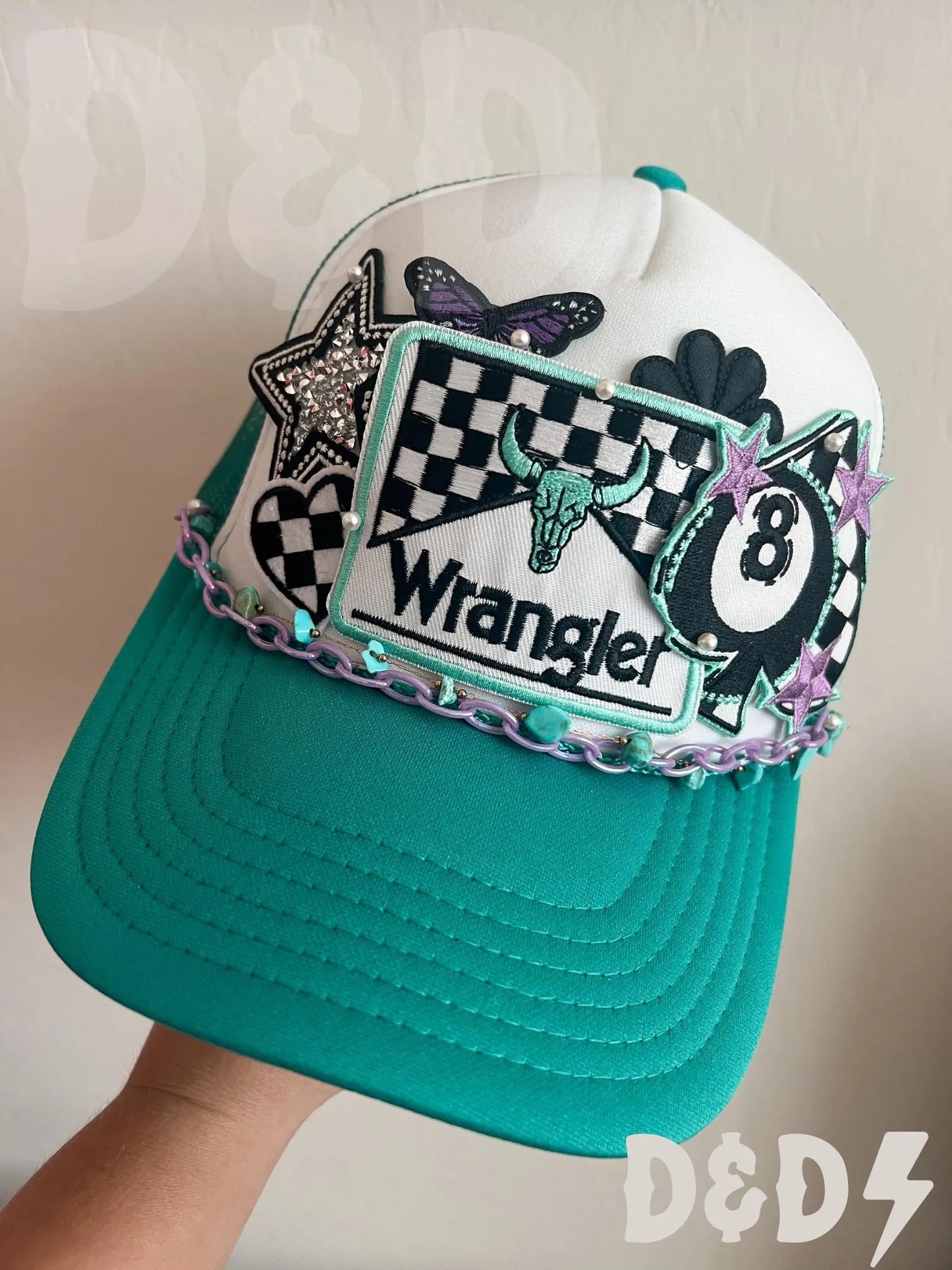 Wrangler Checkered Purple & Turquoise Western Trucker Patch Hat, Iron Patches, Trucker Hat, Cowgirl Trucker Hat, Woman’s Trucker Hat, Trucker Hat With Patchs