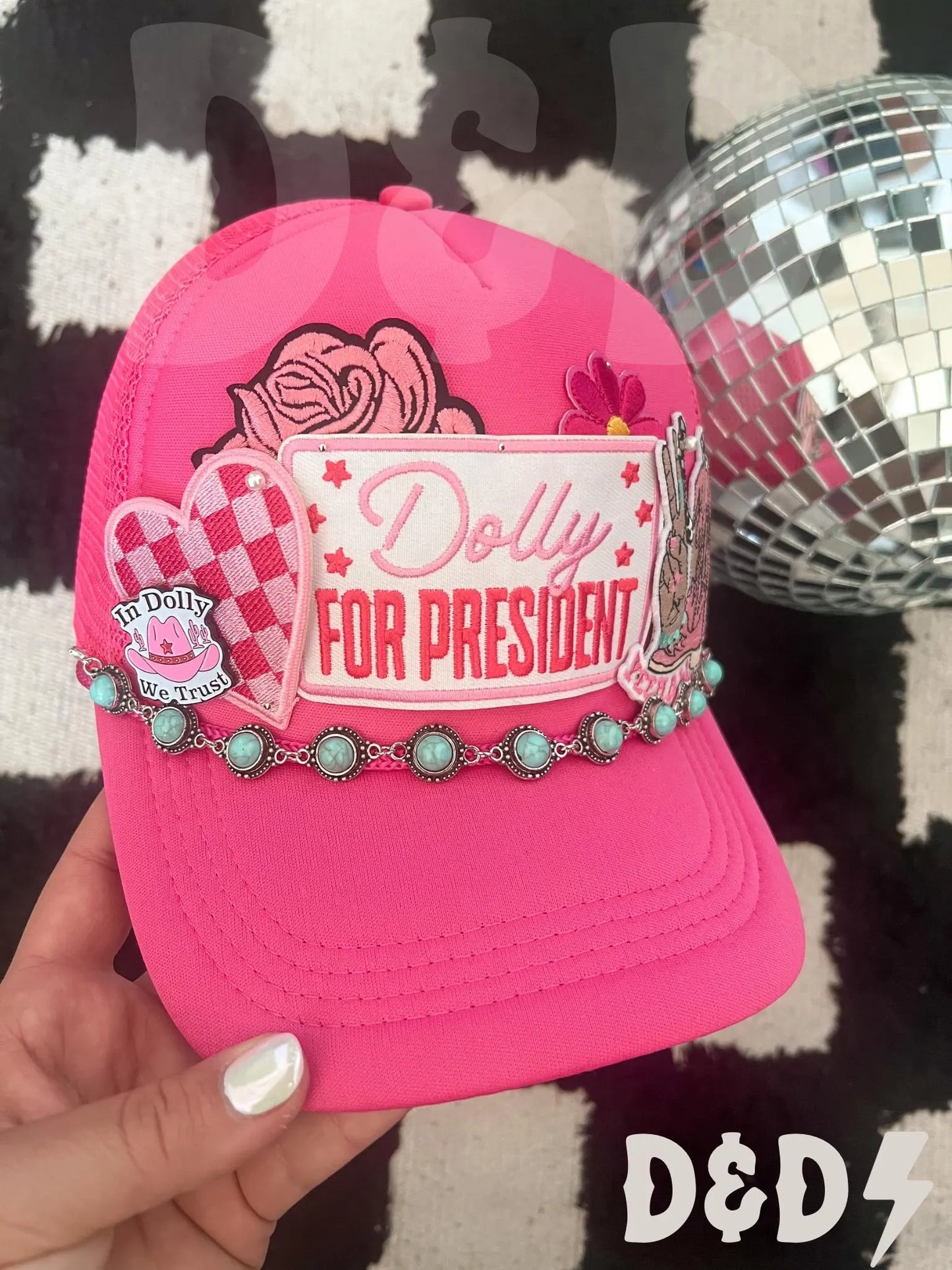 Dolly For President Western Trucker Patch Hat, Iron Patches, Trucker Hat, Cowgirl Trucker Hat, Woman’s Trucker Hat, Neon Pink Trucker Hat With Patches