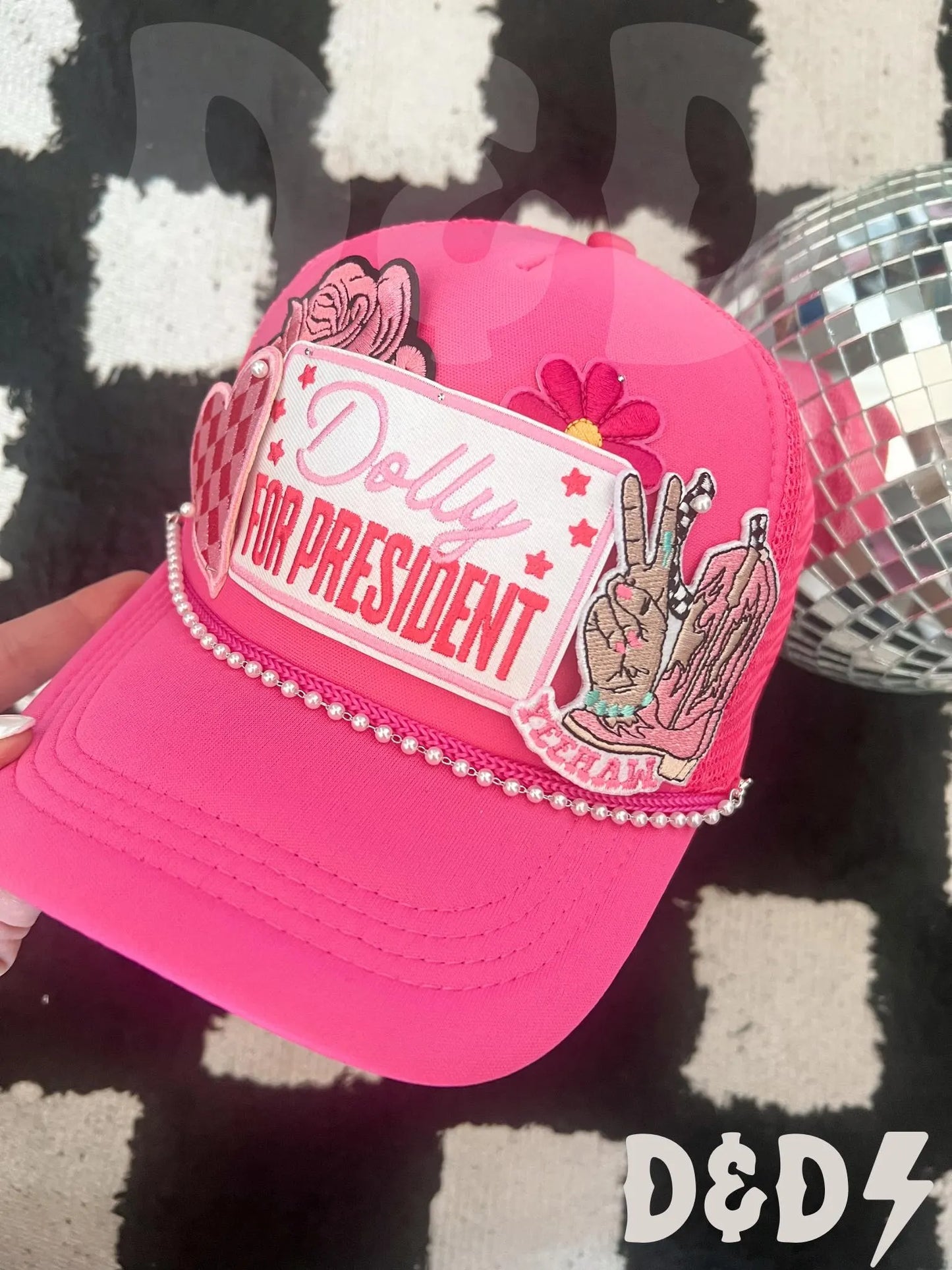 Dolly For President Western Trucker Patch Hat, Iron Patches, Trucker Hat, Cowgirl Trucker Hat, Woman’s Trucker Hat, Neon Pink Trucker Hat With Patches