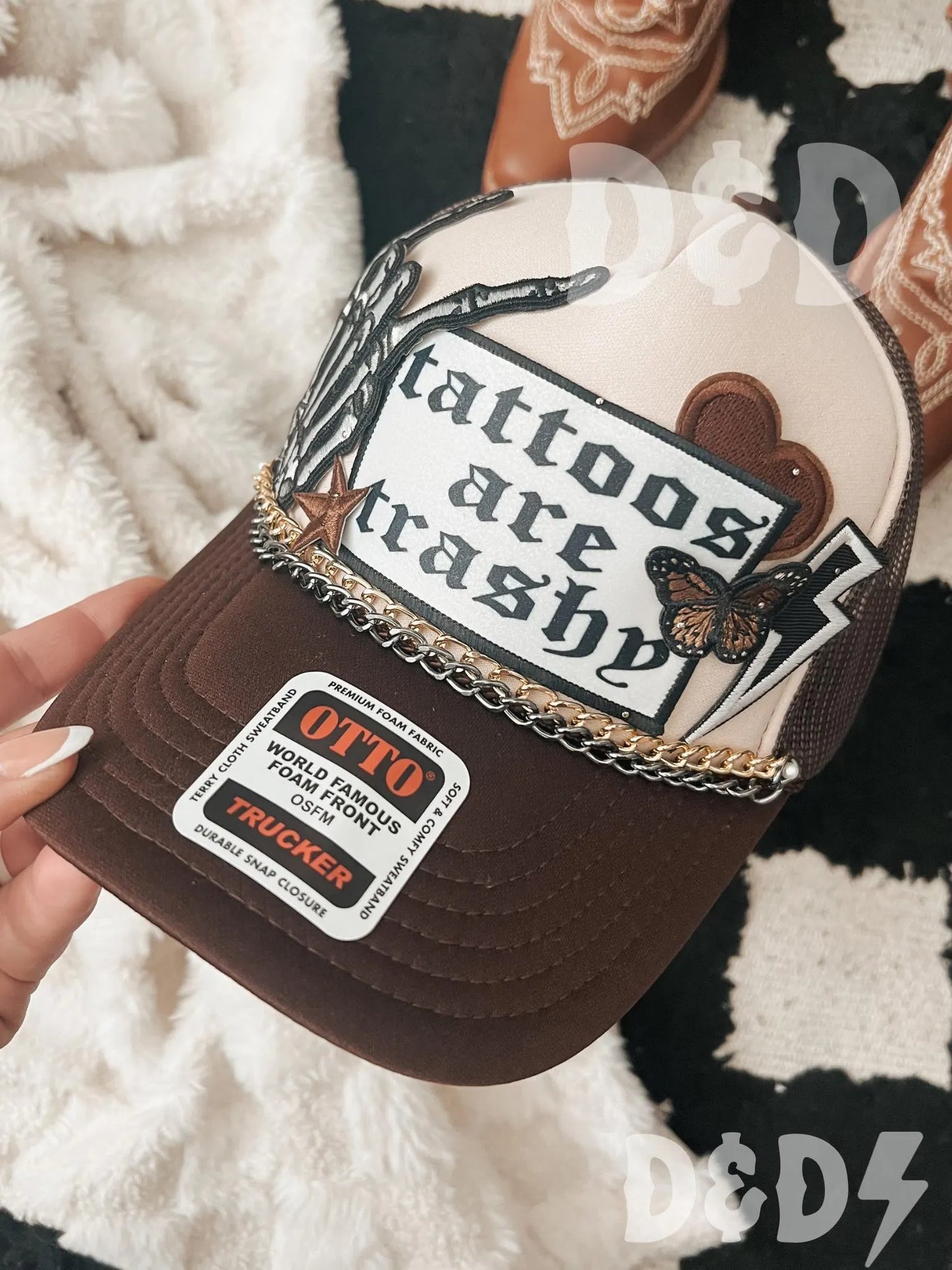 Tattoos Are Trashy Trucker Patch Hat, Iron Patches, Trucker Hat, Cowgirl Trucker Hat, Woman’s Trucker Hat, Camo Trucker Hat With Patches