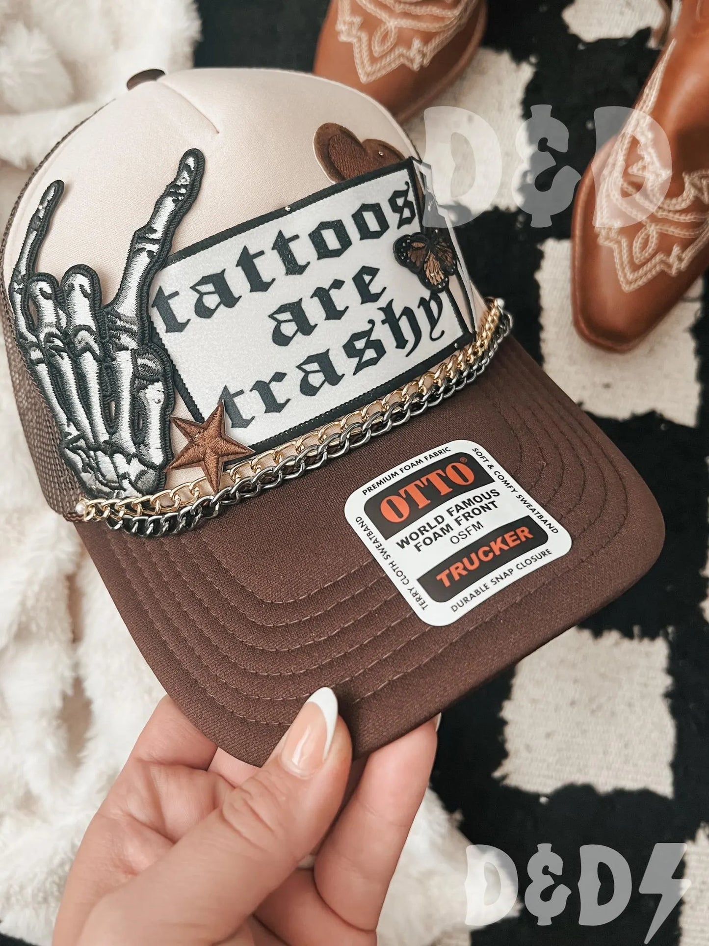 Tattoos Are Trashy Trucker Patch Hat, Iron Patches, Trucker Hat, Cowgirl Trucker Hat, Woman’s Trucker Hat, Camo Trucker Hat With Patches