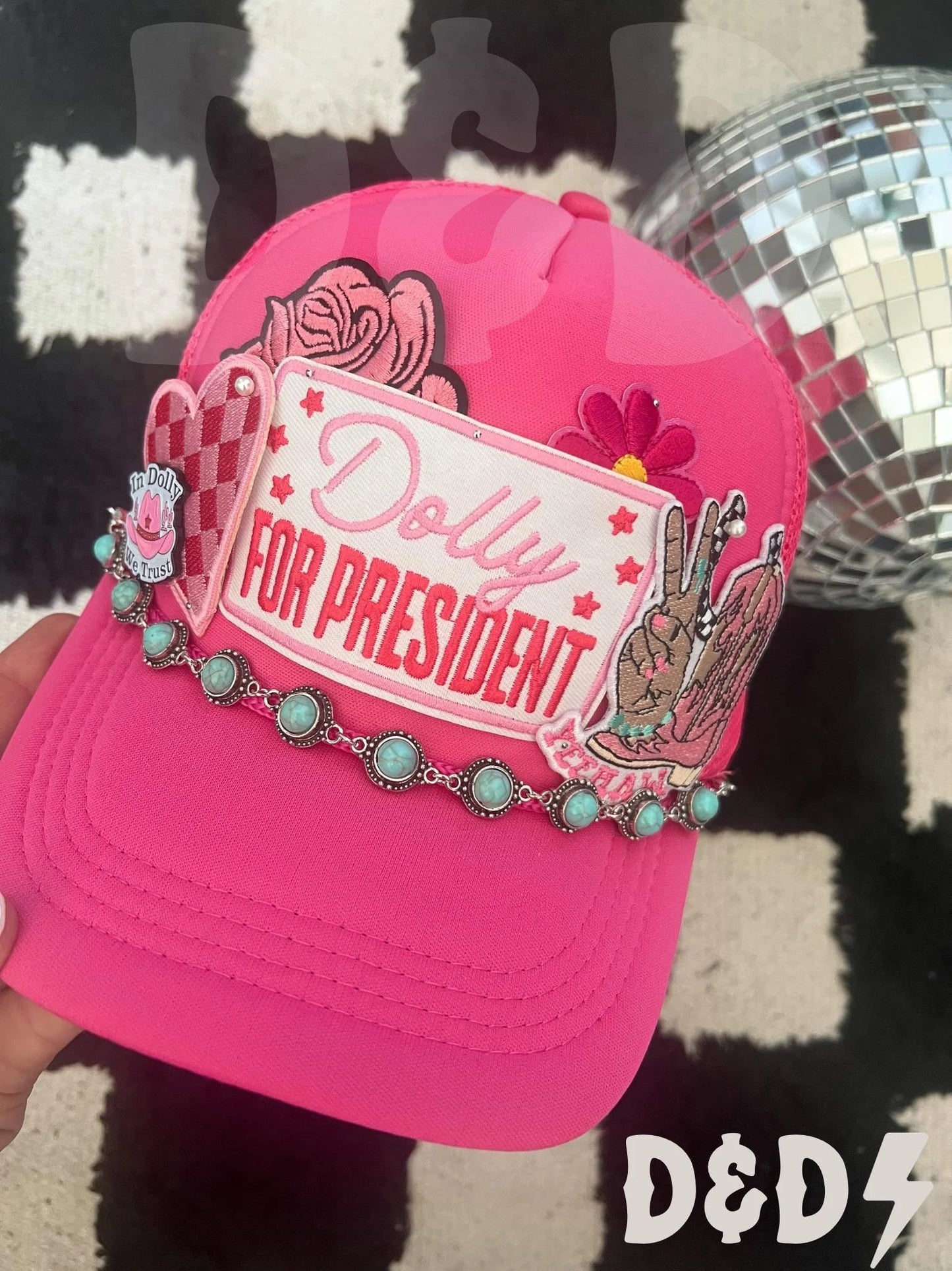 Dolly For President Western Trucker Patch Hat, Iron Patches, Trucker Hat, Cowgirl Trucker Hat, Woman’s Trucker Hat, Neon Pink Trucker Hat With Patches