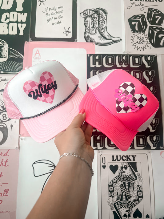 Wifey Heart Checkered Trucker Hat