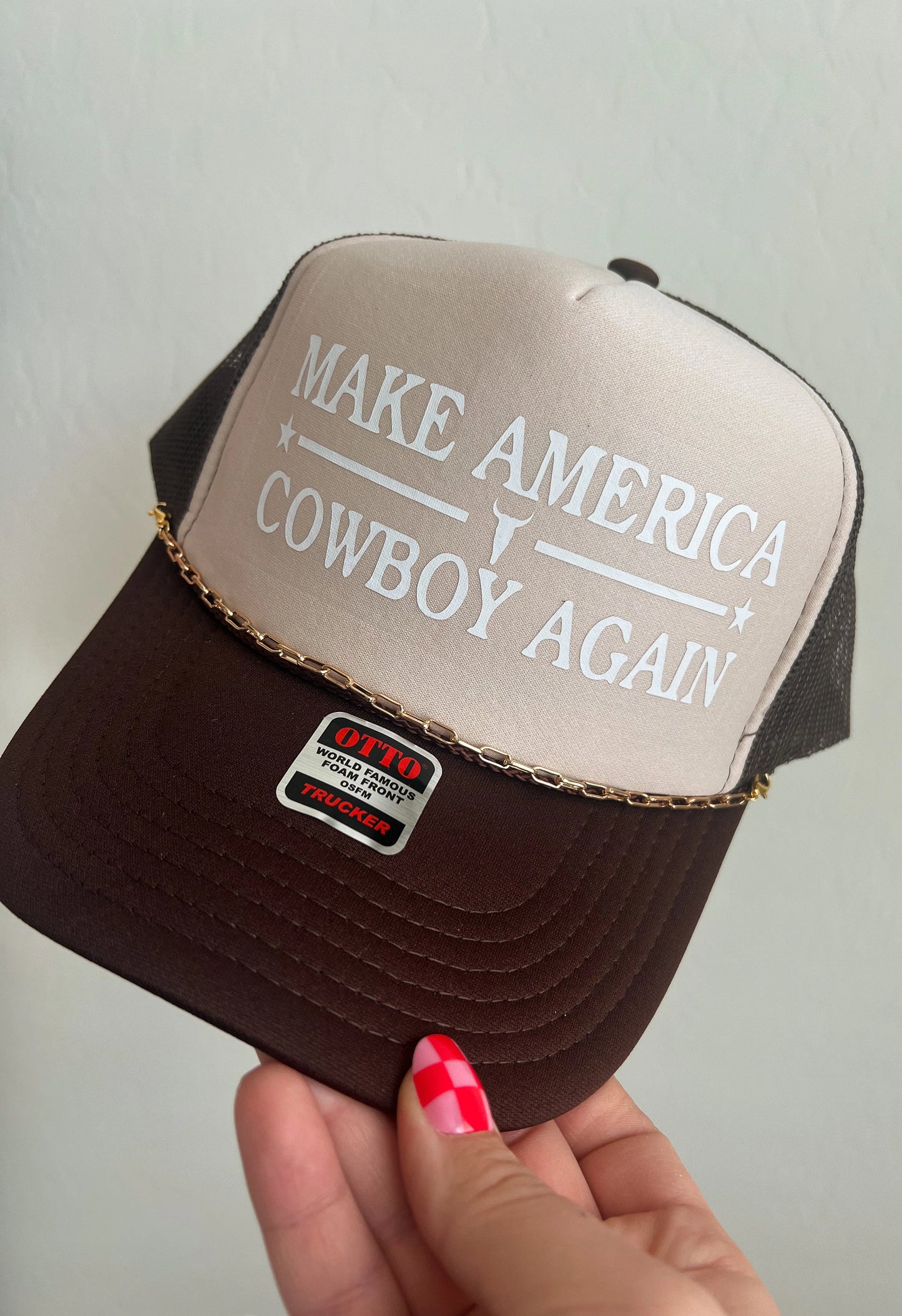 Make America Cowboy Again, Cowgirl Trucker Hat with charm chain, Country Concert Hat, Country Girl Hat, Trucker Hat, Trump, MAGA