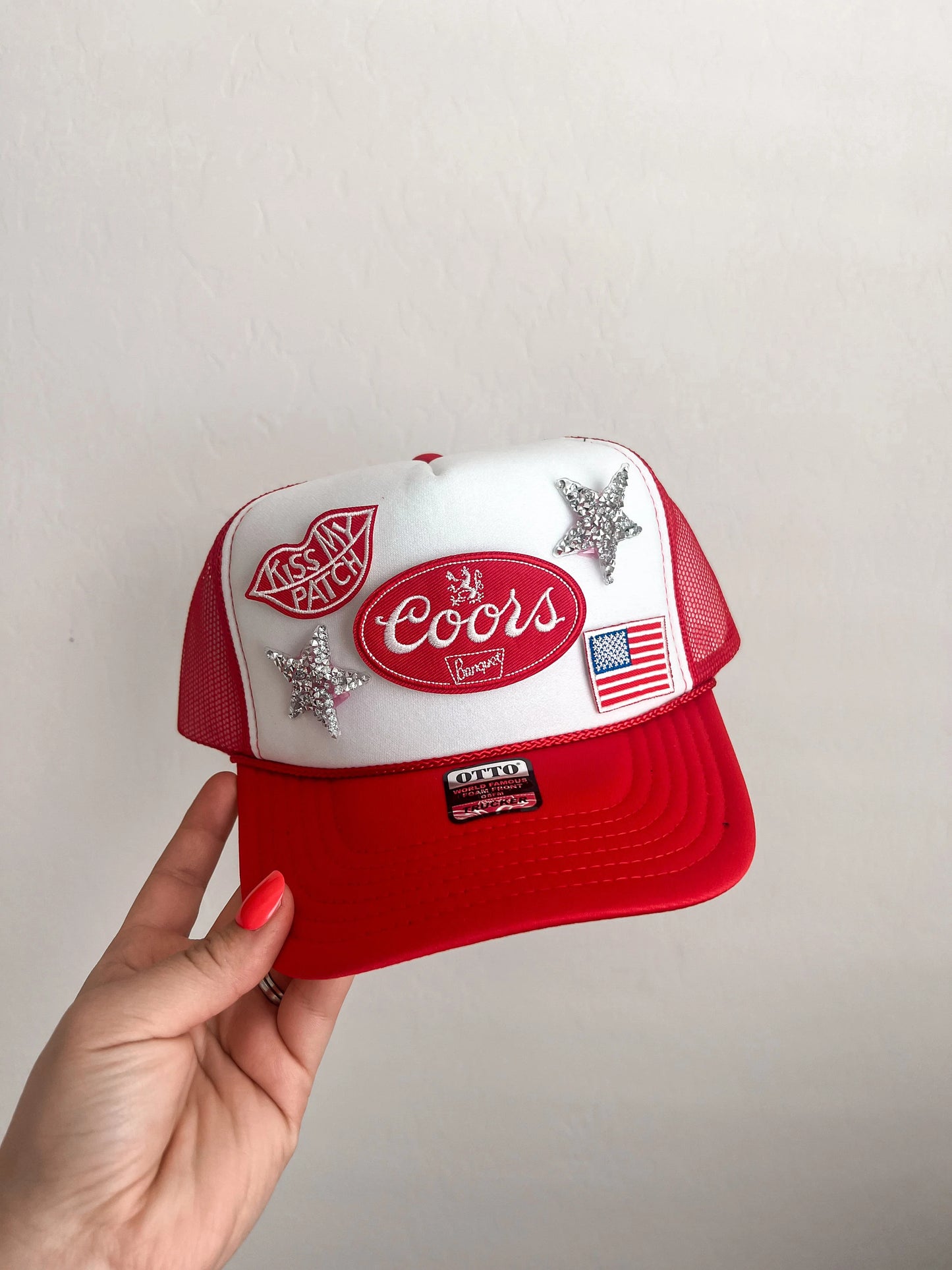 Patriotic Trucker Patch Hat, Iron Patches, Trucker Hat, Woman’s Cowgirl Trucker Hat, Woman’s Trucker Hat, Woman’s USA Hat With Patches