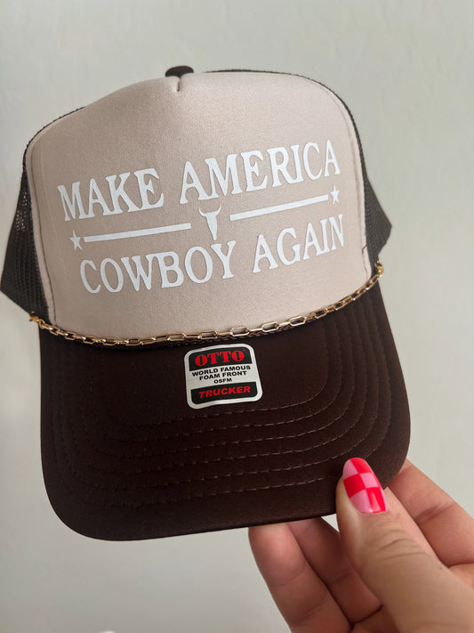 Make America Cowboy Again, Cowgirl Trucker Hat with charm chain, Country Concert Hat, Country Girl Hat, Trucker Hat, Trump, MAGA