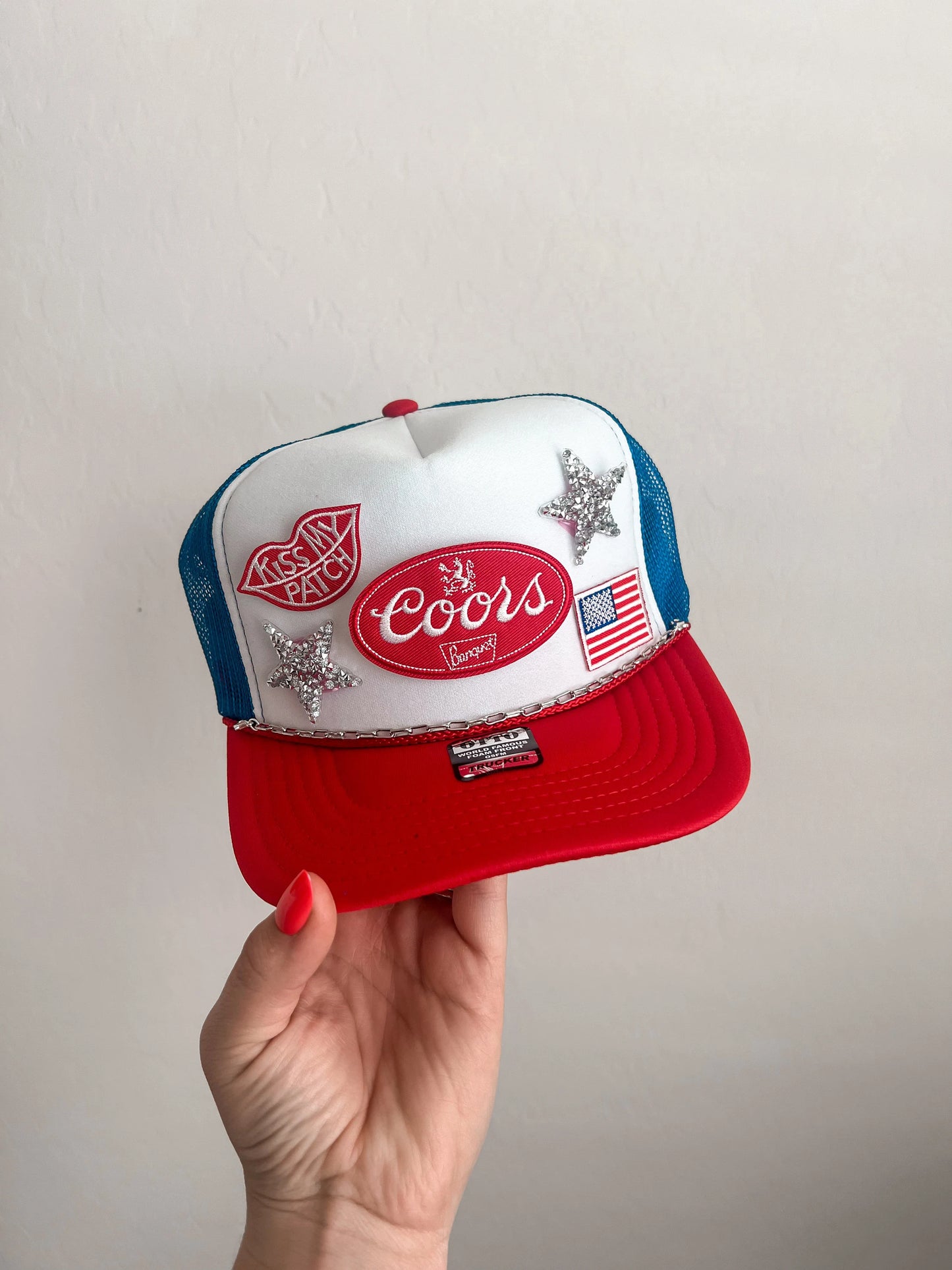 Patriotic Trucker Patch Hat, Iron Patches, Trucker Hat, Woman’s Cowgirl Trucker Hat, Woman’s Trucker Hat, Woman’s USA Hat With Patches