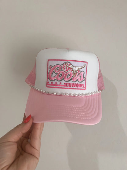 Coors Pink Trucker Patch Hat, Iron On Patches, Trucker Hat, Cowgirl Trucker Hat, Woman’s Trucker Hat, Camo Trucker Hat With Patches
