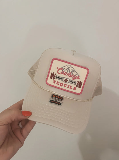 Pink Cowboys & Tequila Coors Trucker Patch Hat, Iron Patches, Trucker Hat, Cowgirl Trucker Hat, Woman’s Trucker Hat, Camo Trucker Hat With Patches