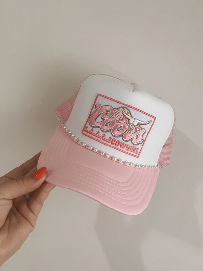 Coors Pink Trucker Patch Hat, Iron On Patches, Trucker Hat, Cowgirl Trucker Hat, Woman’s Trucker Hat, Camo Trucker Hat With Patches