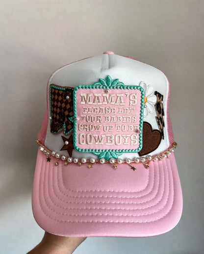Mama Trucker Patch Hat, Iron Patches, Trucker Hat, Cowgirl Trucker Hat, Woman’s Trucker Hat, Camo Trucker Hat With Patches