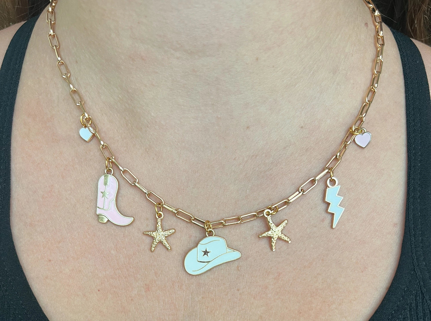 Western Costal Cowgirl Charm Necklace, Chunky Charm Necklace, Beach Cowgirl Necklace, Country Style Charm Jewelry