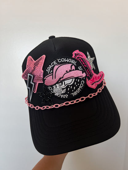 Space Cowgirl Trucker Patch Hat, Iron Patches, Trucker Hat, Cowgirl Trucker Hat, Woman’s Trucker Hat, Camo Trucker Hat With Patches