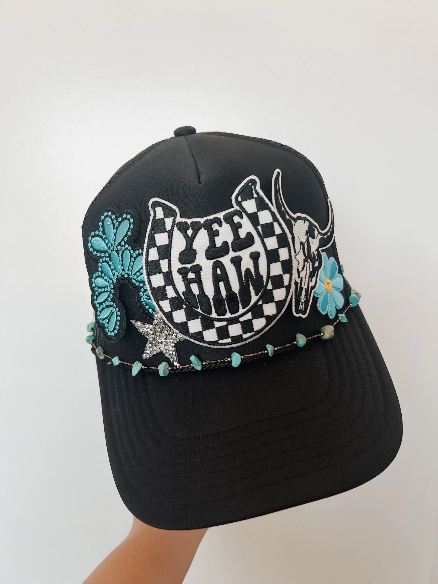 Cowgirl Yee Haw Trucker Patch Hat, Iron Patches, Trucker Hat, Cowgirl Trucker Hat, Woman’s Trucker Hat, Camo Trucker Hat With Patches