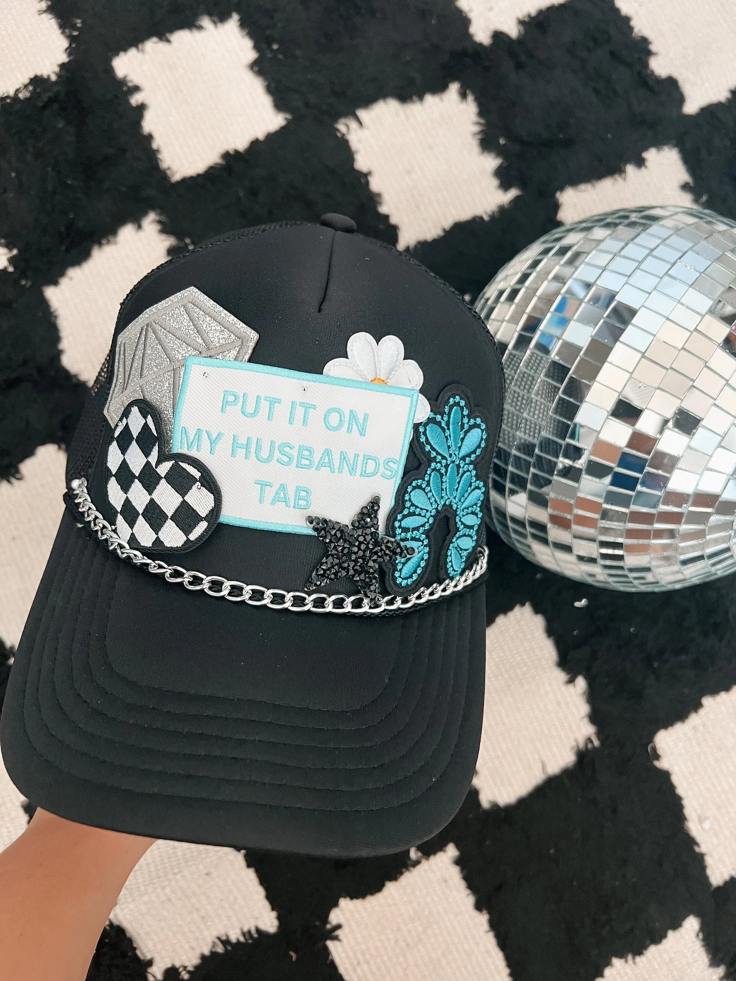 Put It On My Husbands Tab Trucker Patch Hat, Iron Patches, Trucker Hat, Cowgirl Trucker Hat, Woman’s Trucker Hat, Trucker Hat With Patches