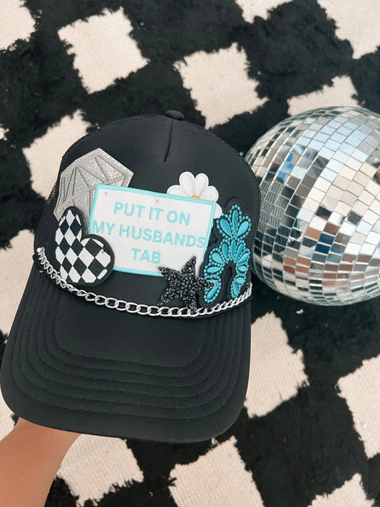 Put It On My Husbands Tab Trucker Patch Hat, Iron Patches, Trucker Hat, Cowgirl Trucker Hat, Woman’s Trucker Hat, Trucker Hat With Patches