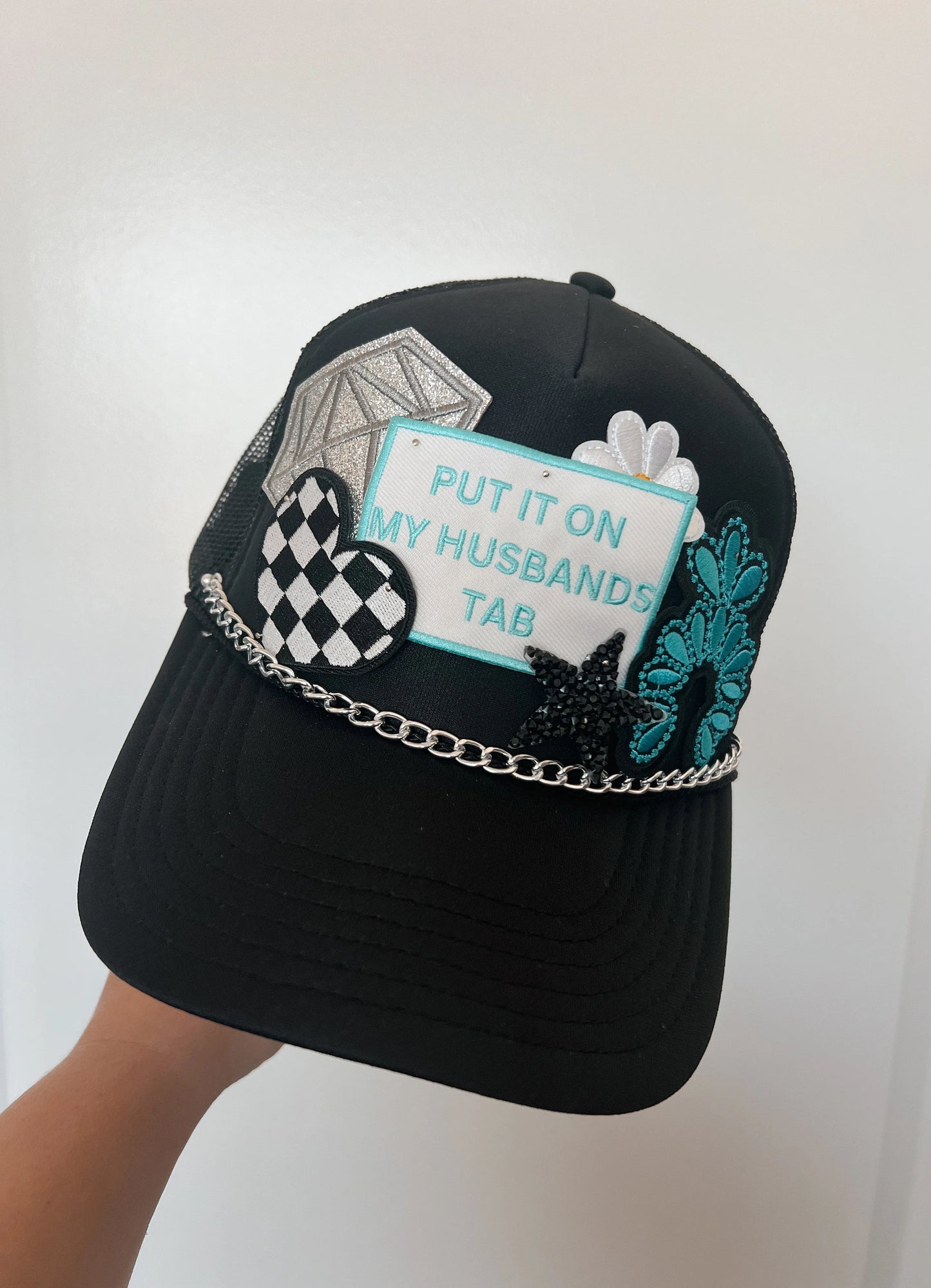 Put It On My Husbands Tab Trucker Patch Hat, Iron Patches, Trucker Hat, Cowgirl Trucker Hat, Woman’s Trucker Hat, Trucker Hat With Patches