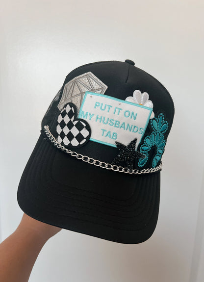 Put It On My Husbands Tab Trucker Patch Hat, Iron Patches, Trucker Hat, Cowgirl Trucker Hat, Woman’s Trucker Hat, Trucker Hat With Patches