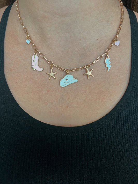 Western Costal Cowgirl Charm Necklace, Chunky Charm Necklace, Beach Cowgirl Necklace, Country Style Charm Jewelry