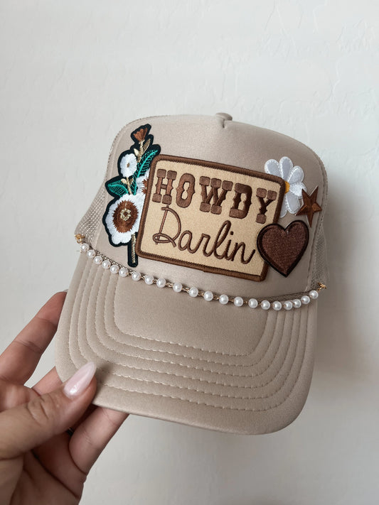 Howdy Darlin’  Trucker Patch Hat, Iron Patches, Trucker Hat, Cowgirl Trucker Hat, Woman’s Trucker Hat, Camo Trucker Hat With Patches