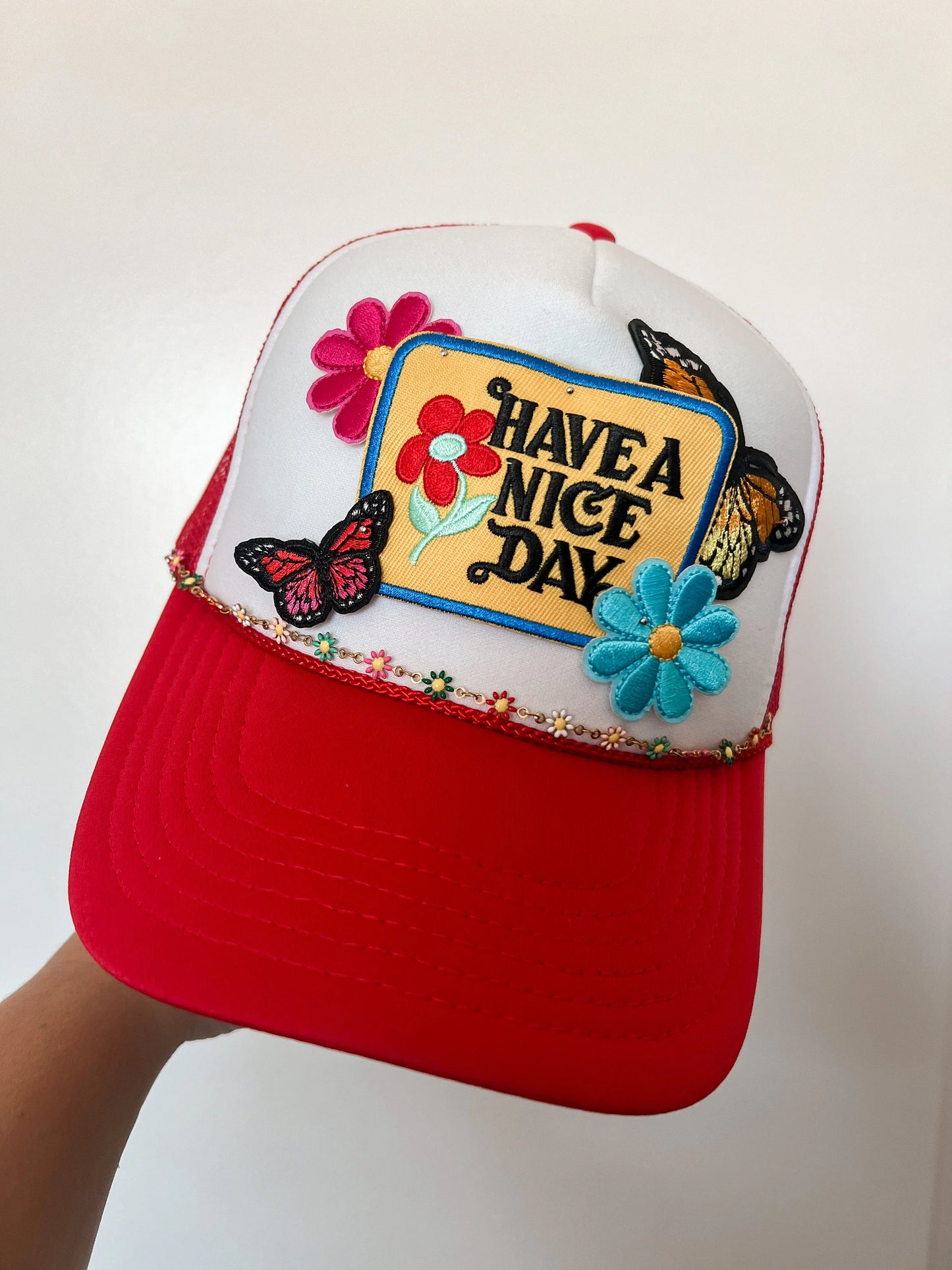 Have A Nice Day Hat, Colorful Trucker Patch Hat, Iron Patches, Trucker Hat, Cowgirl Trucker Hat, Woman’s Trucker Hat, Camo Trucker Hat With Patches
