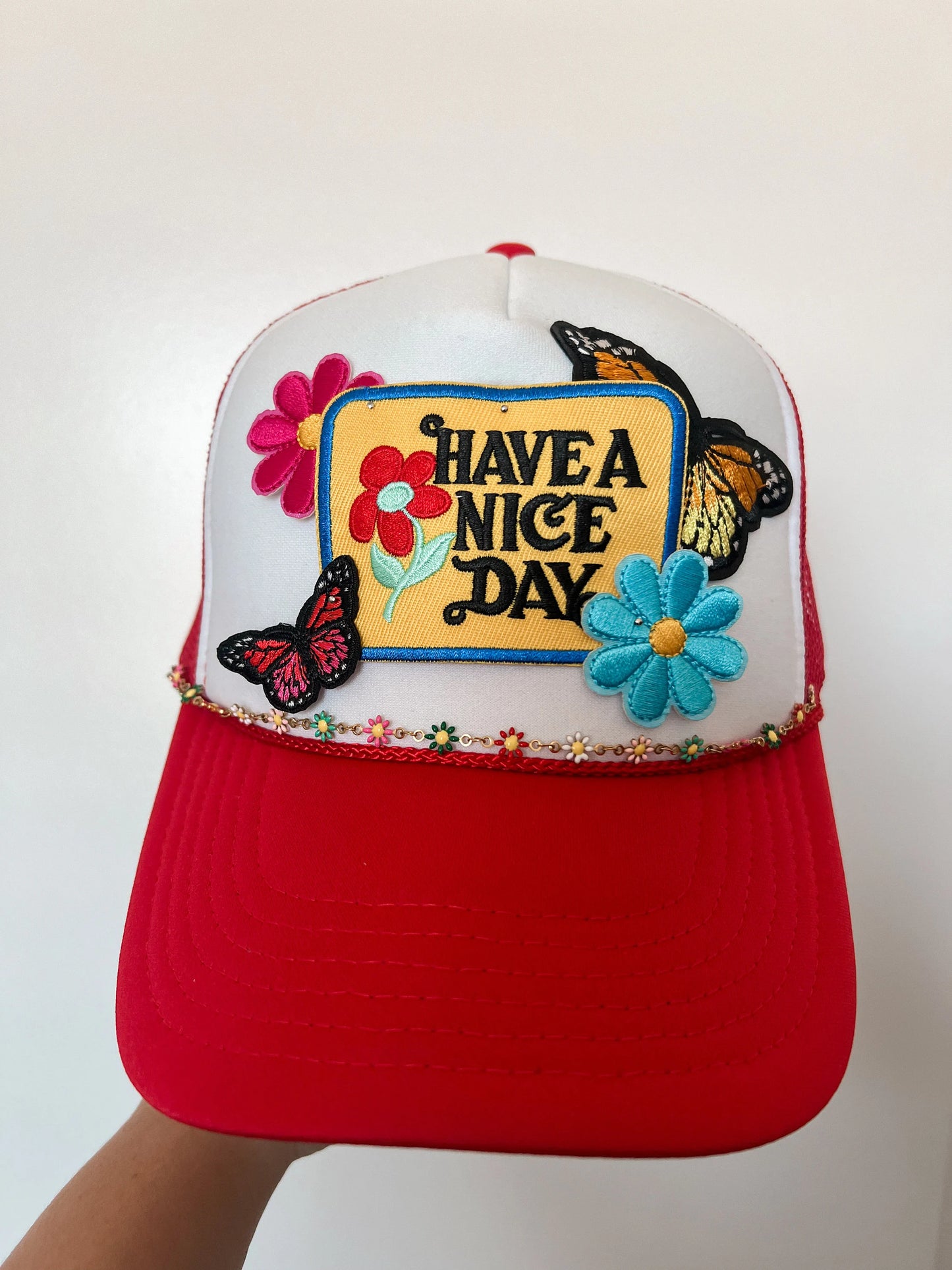 Have A Nice Day Hat, Colorful Trucker Patch Hat, Iron Patches, Trucker Hat, Cowgirl Trucker Hat, Woman’s Trucker Hat, Camo Trucker Hat With Patches