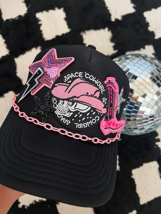 Space Cowgirl Trucker Patch Hat, Iron Patches, Trucker Hat, Cowgirl Trucker Hat, Woman’s Trucker Hat, Camo Trucker Hat With Patches