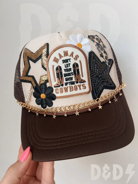 Country Western Mama Trucker Patch Hat, Iron Patches, Trucker Hat, Cowgirl Trucker Hat, Woman’s Trucker Hat, Camo Trucker Hat With Patches