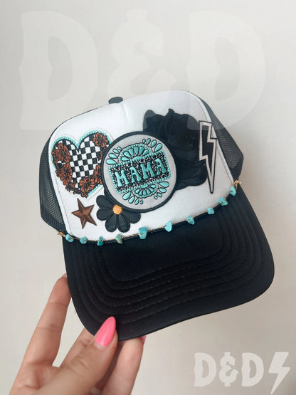 Mama Trucker Patch Hat, Iron Patches, Trucker Hat, Cowgirl Trucker Hat, Woman’s Trucker Hat, Camo Trucker Hat With Patches