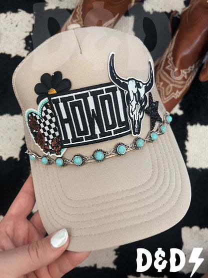 Howdy Darlin’  Trucker Patch Hat, Iron Patches, Trucker Hat, Cowgirl Trucker Hat, Woman’s Trucker Hat, Camo Trucker Hat With Patches