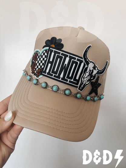 Howdy Darlin’  Trucker Patch Hat, Iron Patches, Trucker Hat, Cowgirl Trucker Hat, Woman’s Trucker Hat, Camo Trucker Hat With Patches