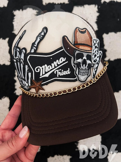 Mama Tried Skull Western Trucker Patch Hat, Iron Patches, Trucker Hat, Cowgirl Trucker Hat, Woman’s Trucker Hat, Camo Trucker Hat With Patches