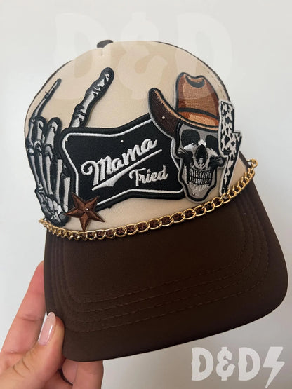 Mama Tried Skull Western Trucker Patch Hat, Iron Patches, Trucker Hat, Cowgirl Trucker Hat, Woman’s Trucker Hat, Camo Trucker Hat With Patches
