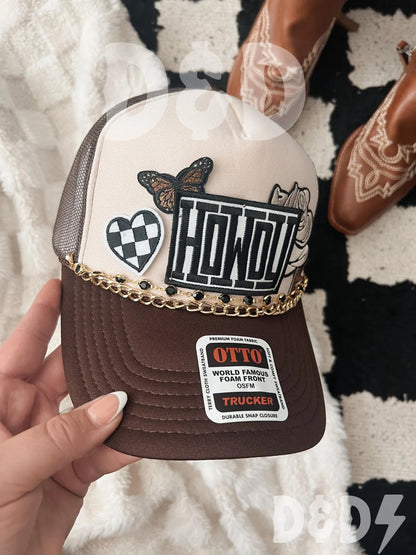 Howdy Darlin’  Trucker Patch Hat, Iron Patches, Trucker Hat, Cowgirl Trucker Hat, Woman’s Trucker Hat, Camo Trucker Hat With Patches