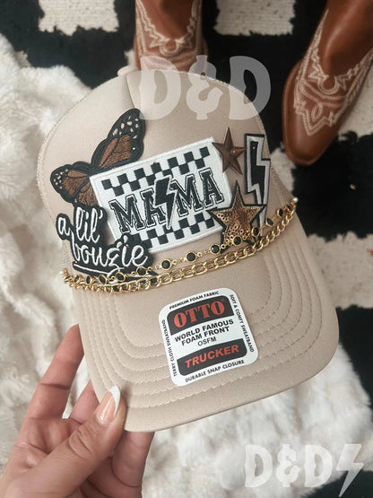 Mama Checkered Trucker Patch Hat, Iron Patches, Trucker Hat, Cowgirl Trucker Hat, Woman’s Trucker Hat, Camo Trucker Hat With Patches