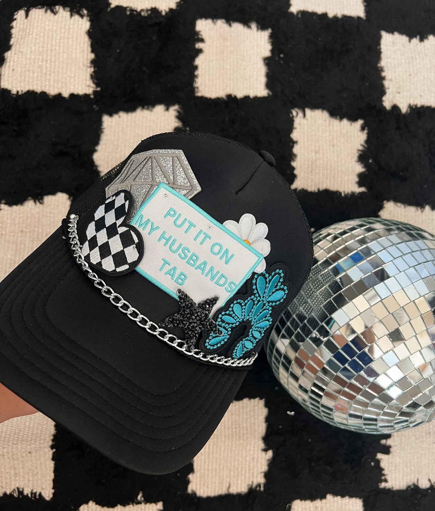 Put It On My Husbands Tab Trucker Patch Hat, Iron Patches, Trucker Hat, Cowgirl Trucker Hat, Woman’s Trucker Hat, Trucker Hat With Patches
