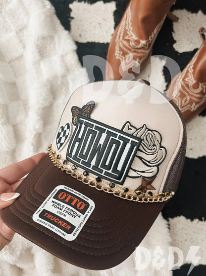 Howdy Darlin’  Trucker Patch Hat, Iron Patches, Trucker Hat, Cowgirl Trucker Hat, Woman’s Trucker Hat, Camo Trucker Hat With Patches