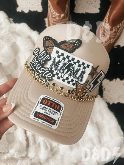 Mama Checkered Trucker Patch Hat, Iron Patches, Trucker Hat, Cowgirl Trucker Hat, Woman’s Trucker Hat, Camo Trucker Hat With Patches