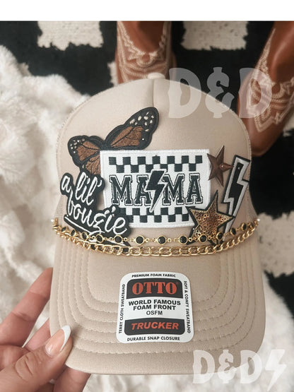 Mama Checkered Trucker Patch Hat, Iron Patches, Trucker Hat, Cowgirl Trucker Hat, Woman’s Trucker Hat, Camo Trucker Hat With Patches