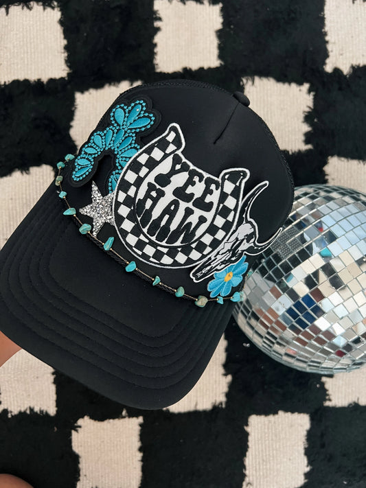 Cowgirl Yee Haw Trucker Patch Hat, Iron Patches, Trucker Hat, Cowgirl Trucker Hat, Woman’s Trucker Hat, Camo Trucker Hat With Patches