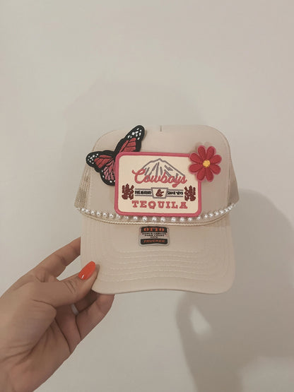 Cowboys & Tequila Trucker Patch Hat, Iron On Patches, Trucker Hat, Cowgirl Trucker Hat, Woman’s Trucker Hat, Camo Trucker Hat With Patches