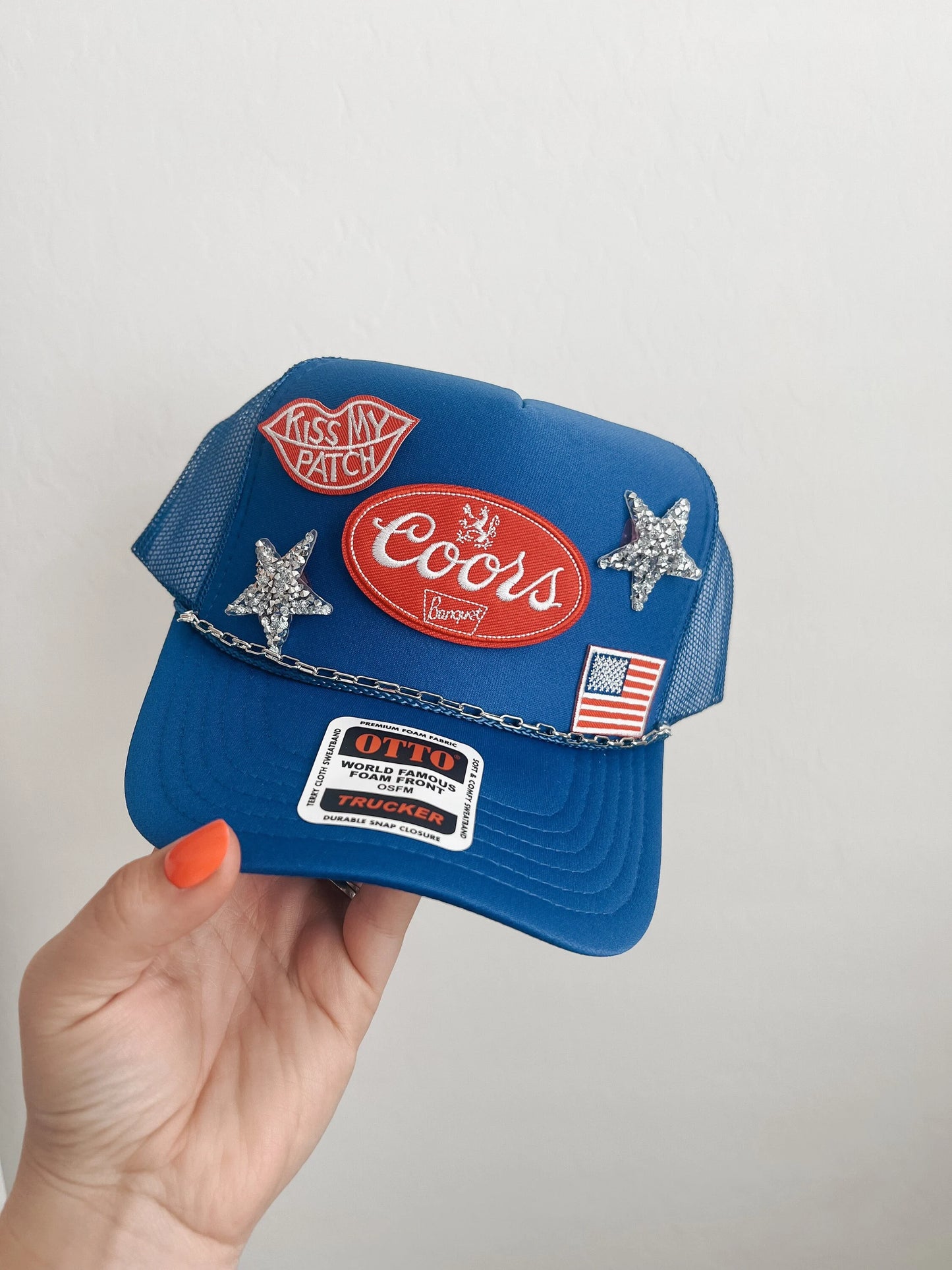 Patriotic Trucker Patch Hat, Iron Patches, Trucker Hat, Woman’s Cowgirl Trucker Hat, Woman’s Trucker Hat, Woman’s USA Hat With Patches