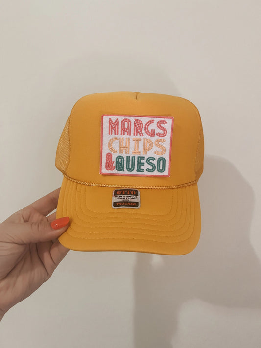 Margs, Chips, & Queso Trucker Patch Hat, Iron Patches, Trucker Hat, Cowgirl Trucker Hat, Woman’s Trucker Hat, Camo Trucker Hat With Patches