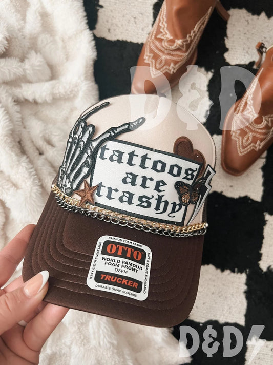 Tattoos Are Trashy Trucker Patch Hat, Iron Patches, Trucker Hat, Cowgirl Trucker Hat, Woman’s Trucker Hat, Camo Trucker Hat With Patches